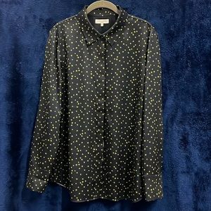 Lafayette 148 - 100% Polyester LS Blouse in Dark Navy with Green/Gold Dots